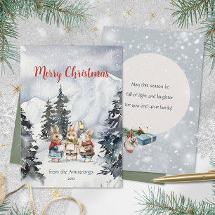Cosy Watercolor Rabbit Carolers Snow Christmas Holiday Card