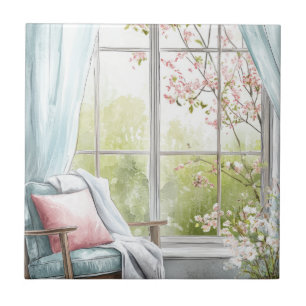 Cosy Watercolor Reading Nook Window Spring Garden Ceramic Tile