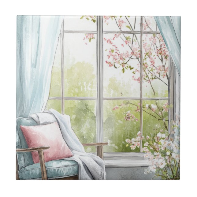 Cosy Watercolor Reading Nook Window Spring Garden  Ceramic Tile (Front)