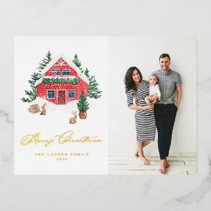 Cosy Watercolor Red Christmas Cottage Photo Foil Holiday Postcard