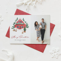 Cosy Watercolor Red Christmas Cottage Photo