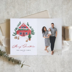 Cosy Watercolor Red Cottage Christmas Photo Holiday Card