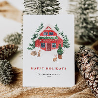 Cosy Watercolor Red Cottage Evergreen Forest