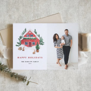 Cosy Watercolor Red Cottage Woodland Scene Photo Holiday Card