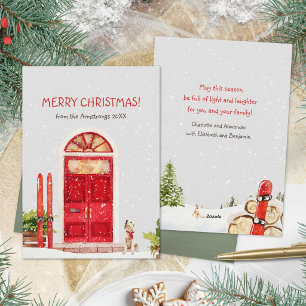 Cosy Watercolor Red Door Ski Dog Snow Christmas Holiday Card