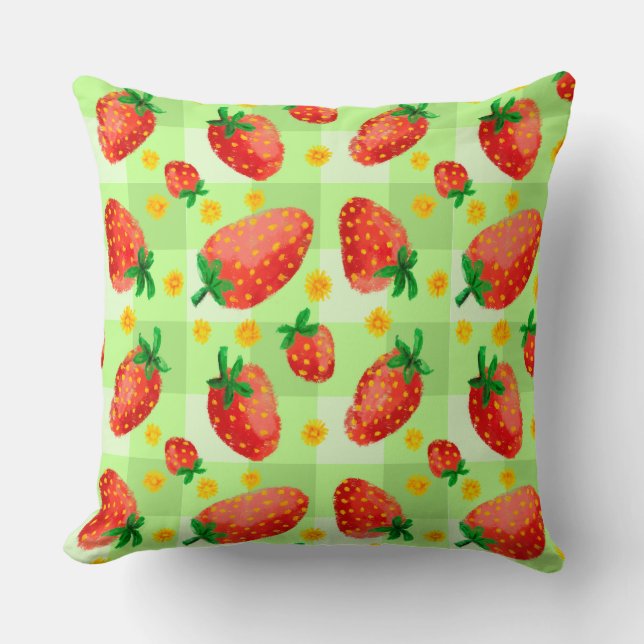 Cosy Watercolor Strawberries and Daisies Plaid Cushion (Front)