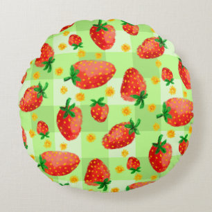 Cosy Watercolor Strawberries and Daisies Plaid Round Cushion