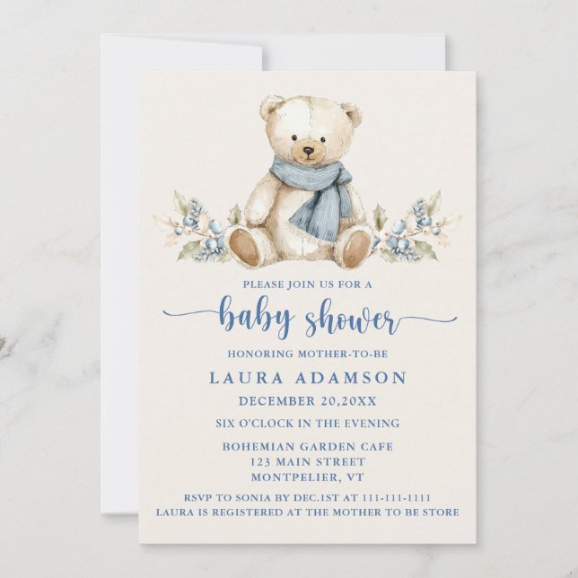 Cosy Watercolor Teddy Bear Winter Baby Shower Invitation (Front)