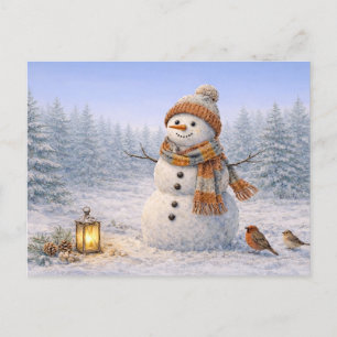 Cosy Watercolor Winter Snowman with Birds Holiday Postcard