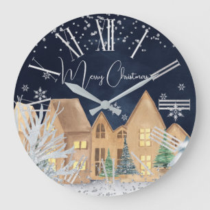Cosy Watercolor Winter Village Christmas Large Clock