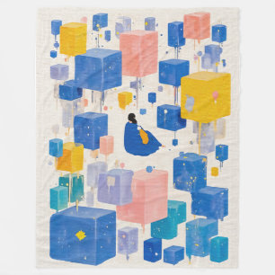 Cosy Whimsical Dreamer Floating Cubes Watercolor Fleece Blanket