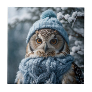 Cosy Whimsical Winter Wonderland Owl Ceramic Tile