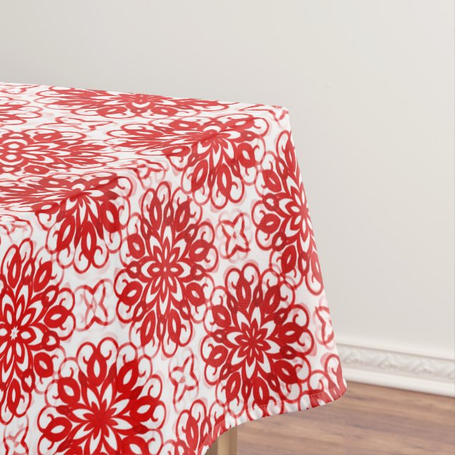 Cosy White and Red Winter Floral Pattern Christmas Tablecloth (In Situ)