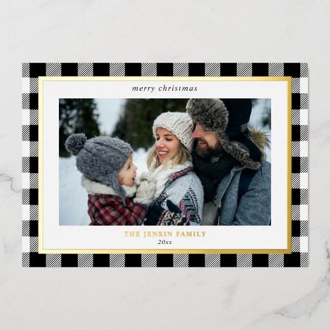 Cosy White Black Plaid Border 3 Photos Christmas Foil Holiday Card (Front)