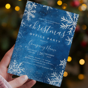 Cosy White Snowflakes Blue Christmas Office Party Invitation