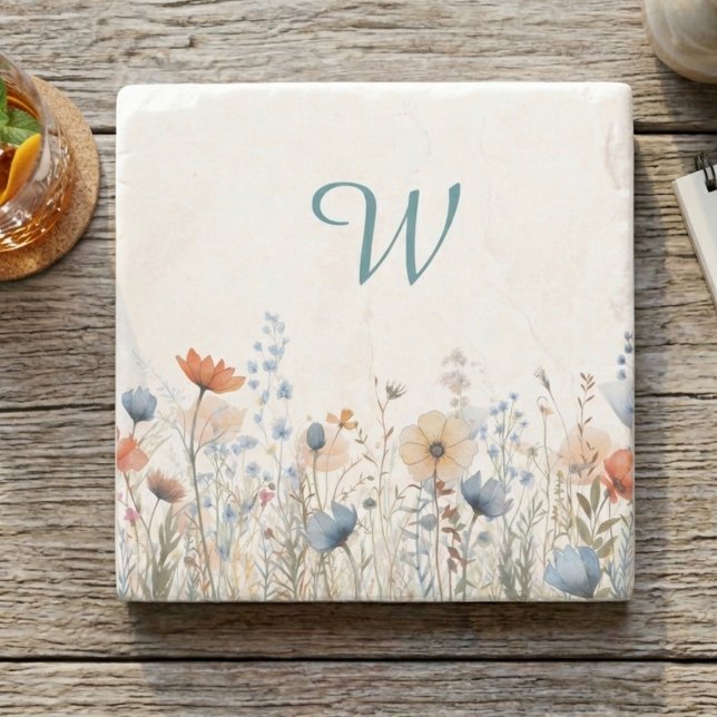 Cosy Wildflower Meadow Monogram – Botanical  Stone Coaster (Wildflower monogram drink coaster)