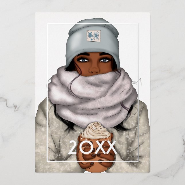 Cosy Winter African American Christmas Foil Holiday Card (Front)