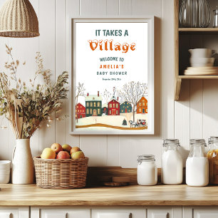 Cosy Winter Baby Shower Welcome Snowy Village Poster