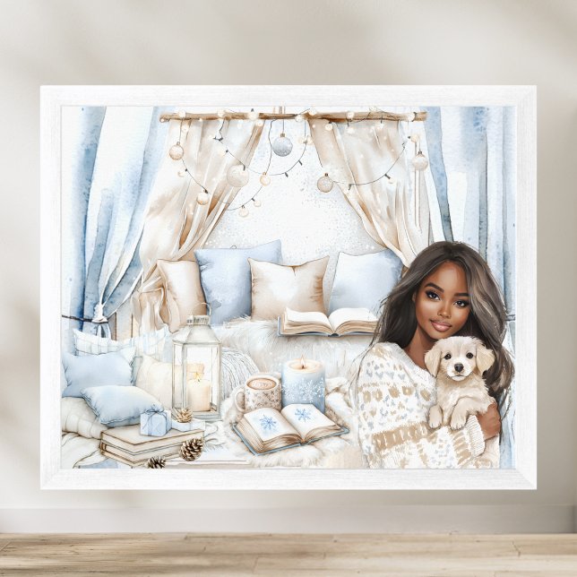 Cosy Winter Blue Bedroom Black Teen Girl & Puppy Poster (Creator Uploaded)