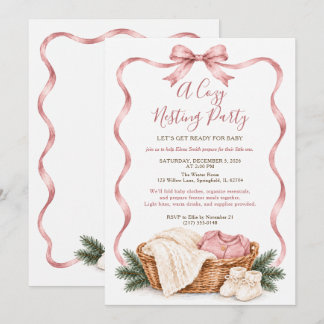 Cosy Winter Blush Pink Bow Baby Nesting Party Invitation