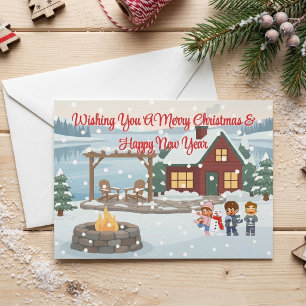 Cosy Winter Cabin and Snowman Family Christmas Invitation