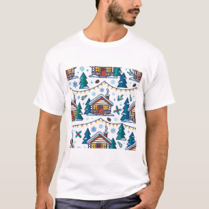 Cosy Winter Cabin Christmas Lights Pattern T-Shirt
