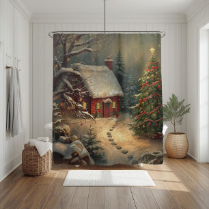 Cosy Winter Cabin Christmas Tree Watercolor Snowy  Shower Curtain