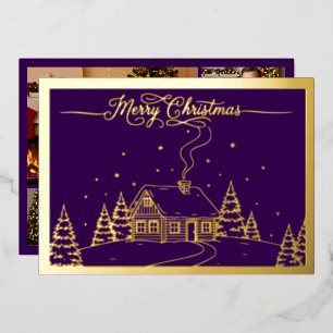 Cosy Winter Cabin , Merry Christmas, Purple, Gold Foil Holiday Card