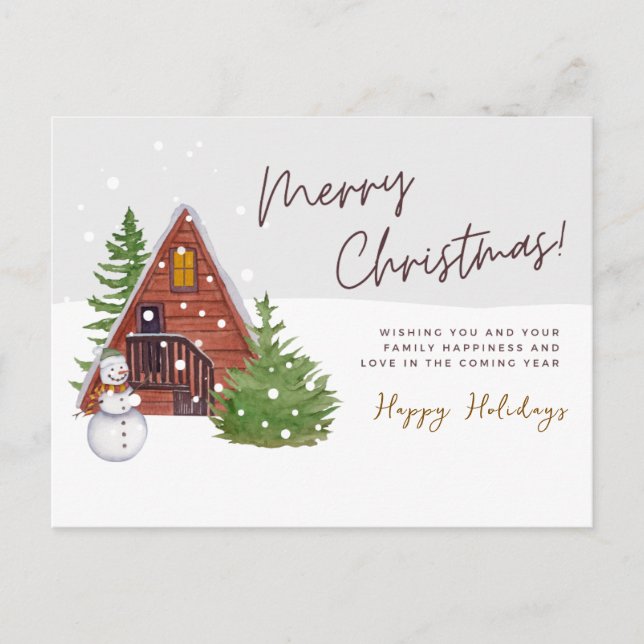 Cosy Winter Cabin & Snowman | Watercolor Christmas Holiday Postcard (Front)