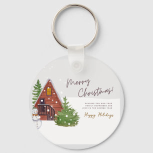 Cosy Winter Cabin & Snowman Watercolor Christmas Key Ring