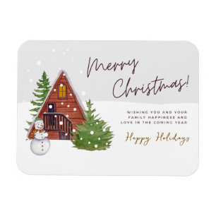 Cosy Winter Cabin & Snowman Watercolor Christmas Magnet