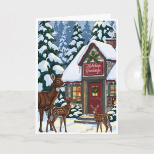 Cosy Winter Cabin with Deer Family Card