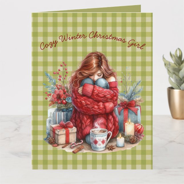 Cosy Winter Christmas Girl Olive Green Greeting  Card (Small Plant)