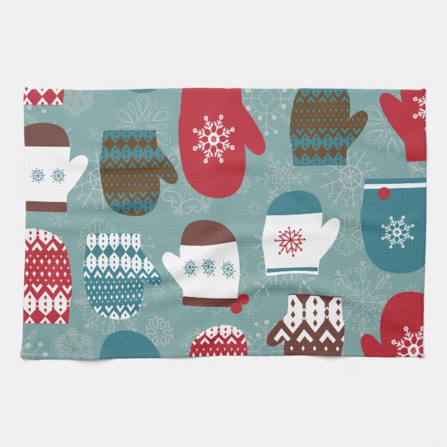 Cosy Winter Christmas Mittens Blue Tea Towel (Horizontal)