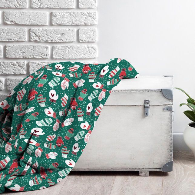 Cosy Winter Christmas Mittens Pattern in Green Fleece Blanket (Christmas Mittens Pattern Fleece Blanket)