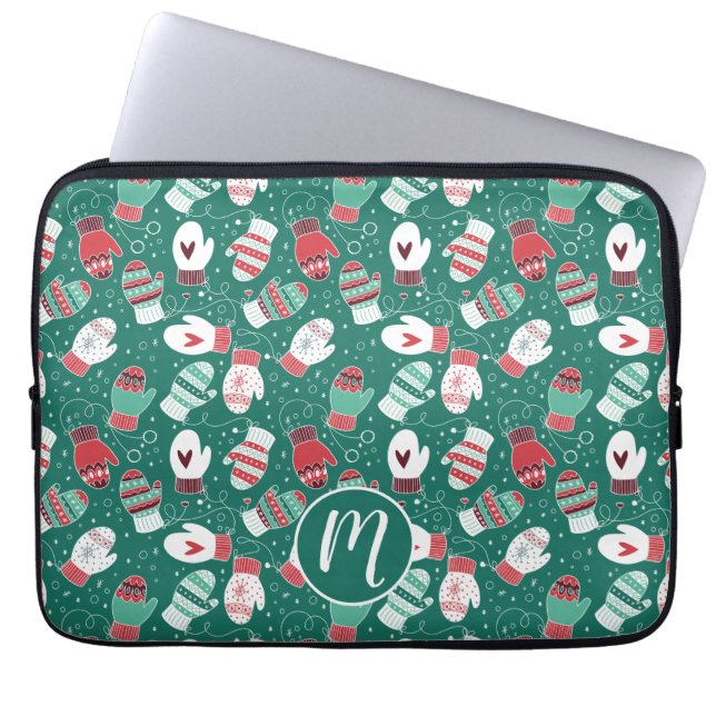 Cosy Winter Christmas Mittens Pattern in Green Laptop Sleeve (Front)