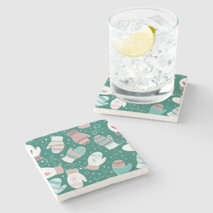 Cosy Winter Christmas Mittens Pattern in Green Stone Coaster