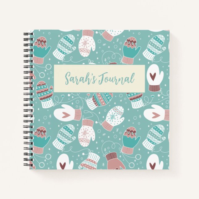 Cosy Winter Christmas Mittens Pattern in Mint Notebook (Front)