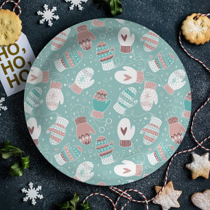 Cosy Winter Christmas Mittens Pattern in Mint Paper Plate