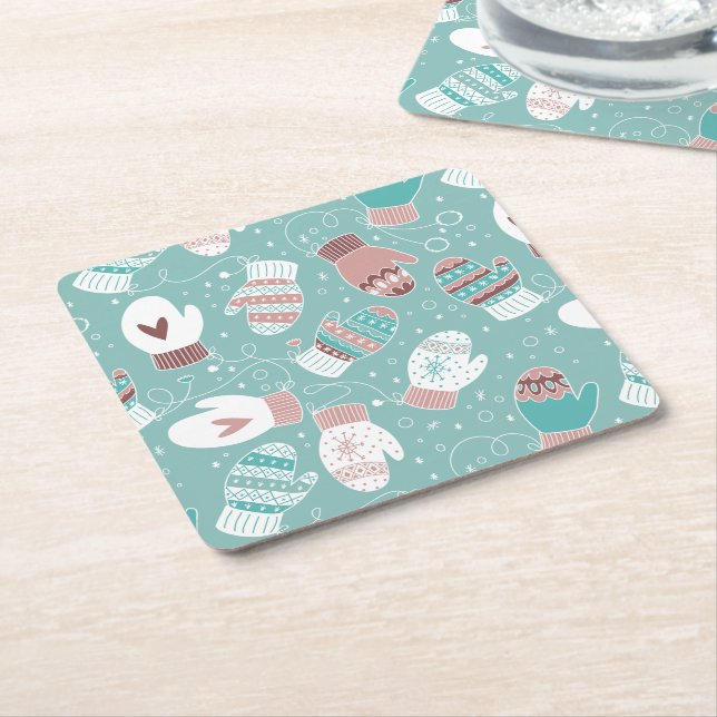 Cosy Winter Christmas Mittens Pattern in Mint Square Paper Coaster (Angled)