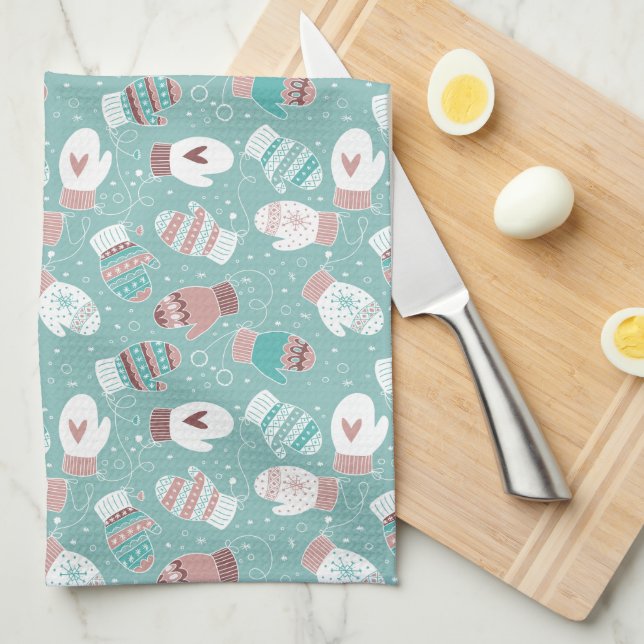 Cosy Winter Christmas Mittens Pattern in Mint Tea Towel (Quarter Fold)