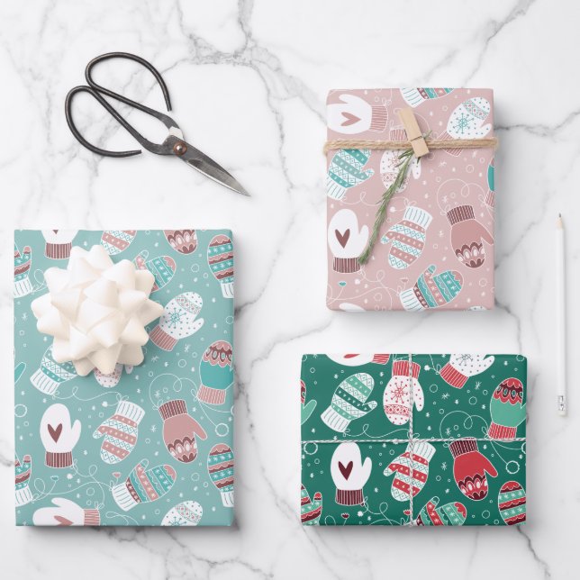 Cosy Winter Christmas Mittens Pattern Set Wrapping Paper Sheet (Front)