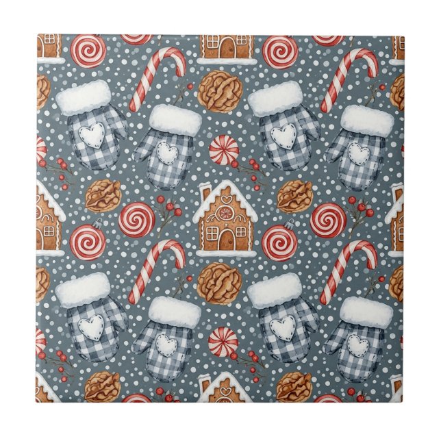 Cosy Winter Christmas with Mittens and Candy Ceramic Tile (Front)