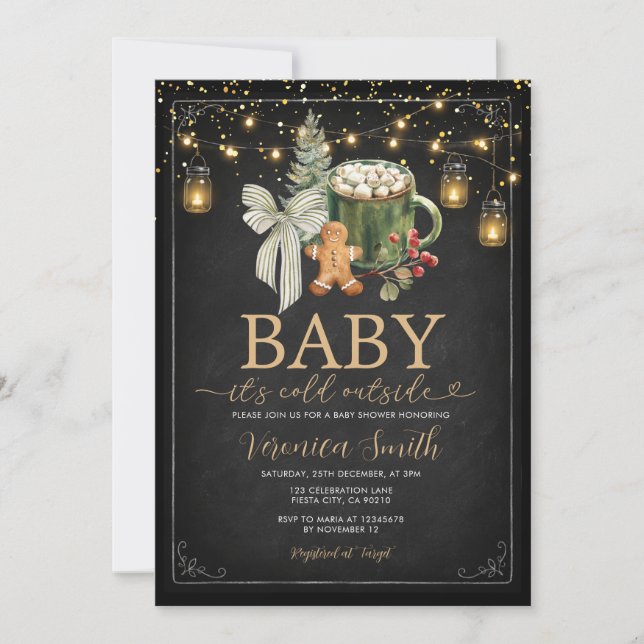 Cosy Winter Cocoa Bow Baby Shower String Lights Invitation (Front)