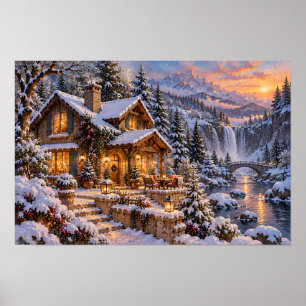 Cosy Winter Cottage beside a Mountain Waterfall Poster