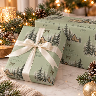 Cosy Winter Cottage Olive Green Merry Christmas Wrapping Paper