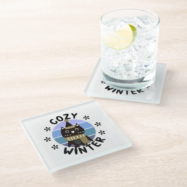 Cosy Winter, Cute Owl Glass Coaster (Angled)