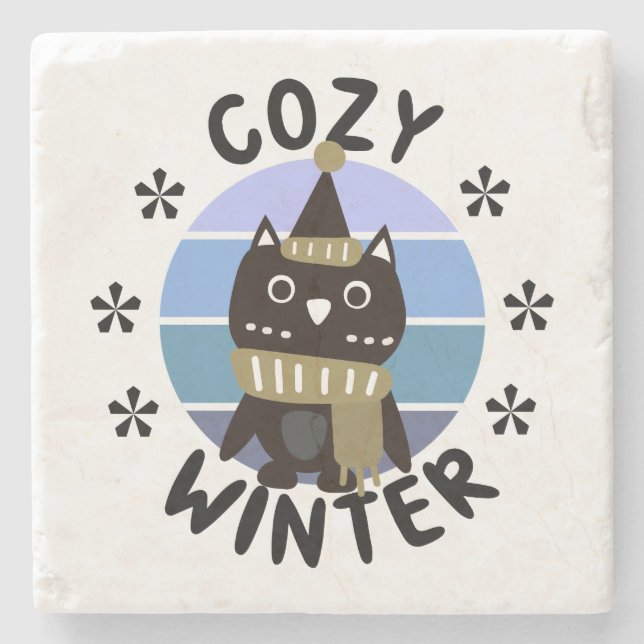 Cosy Winter, Cute Owl Stone Coaster (Front)