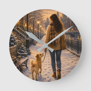 Cosy Winter Evening Walk with My Best Friend Round Clock