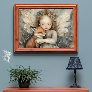 Cosy Winter Fairy & Fox   Whimsical Woodland Art Poster